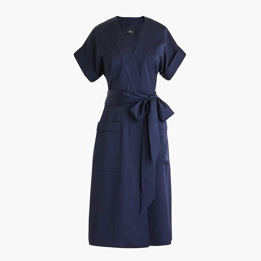 J.Crew Short-sleeve wrap dress in satin-navy crepe